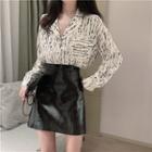Patterned Shirt / Faux Leather A-line Skirt