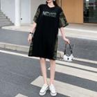 Elbow-sleeve Lettering Camouflage Panel T-shirt Dress