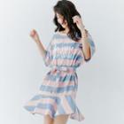 Elbow-sleeve Lettering Ruffle Hem T-shirt Dress Stripe - Pink & Blue - One Size