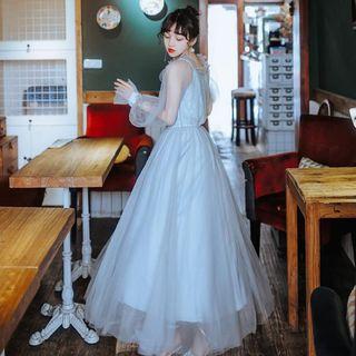 Ruffled Long-sleeve A-line Maxi Mesh Dress