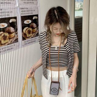 Set: Short-sleeve Striped Light Jacket + Camisole Top White & Black - One Size