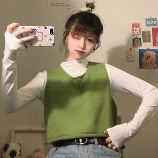 Long-sleeve Plain Tee / Knit Vest