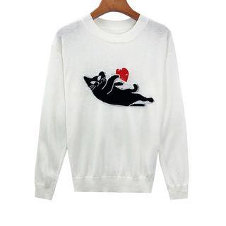 Long Sleeve Cat & Heart Pattern Knit Top