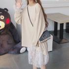 Set: Long-sleeve Midi A-line Lace Dress + Plain Pullover