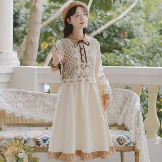 Set: Perforated Knit Vest + Contrast Trim Long-sleeve Dress
