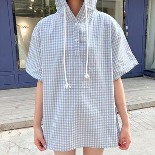 Plaid Elbow Sleeve Hooded Shirt