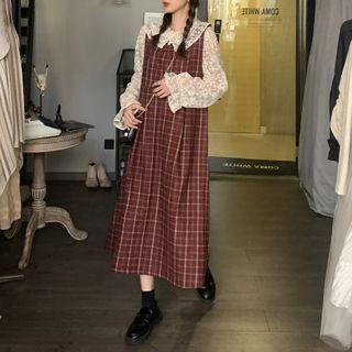 Long-sleeve Lace Top / Sleeveless Plaid Dress