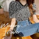 Puff-sleeve Daisy-pattern T-shirt