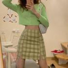 Cropped Cardigan / Plaid Mini A-line Skirt