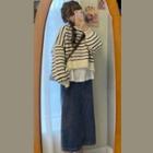 Striped Sweater / Denim Midi A-line Skirt / T-shirt