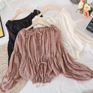 Off-shoulder Drawstring Lantern-sleeve Chiffon Top