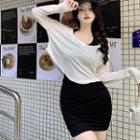 Long-sleeve T-shirt / Halter-neck Shirred Bodycon Dress