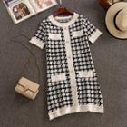 Short-sleeve Houndstooth Mini Shift Knit Dress White - One Size