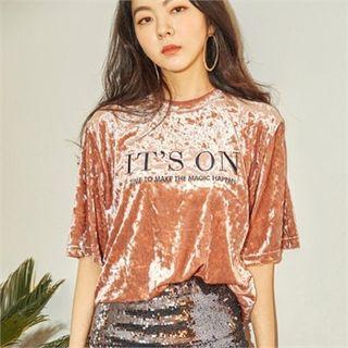 Its On Letter Embroidered Velvet T-shirt