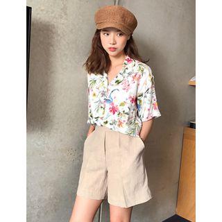 Elastic-waist Wide-leg Linen Shorts