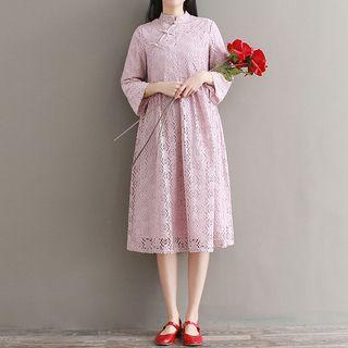 3/4-sleeve Mandarin Collar A-line Lace Dress
