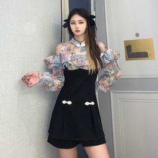 Set: Cold Shoulder Floral Print Blouse + Playsuit
