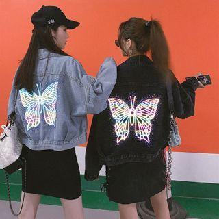 Reflective Butterfly Printed Denim Jacket