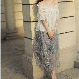 Set: Short-sleeve Frill Trim Top + Mesh Midi Skirt