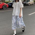 Short-sleeve Blouse / Plaid Midi A-line Skirt