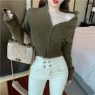 Long-sleeve Zipped Knit Top Green - One Size