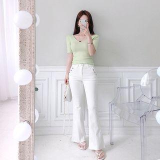 Button-trim Boot-cut Pants