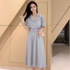 Elbow-sleeve Double Breasted A-line Midi Dress