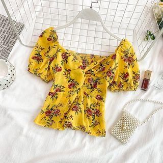 Short-sleeve Floral Front Knot Top