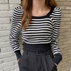 Long-sleeve Square-neck Striped Top