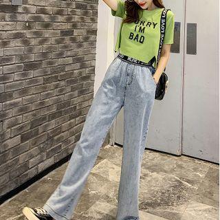 Short-sleeve Lettering T-shirt / Wide-leg Jeans / Set
