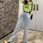 Short-sleeve Lettering T-shirt / Wide-leg Jeans / Set