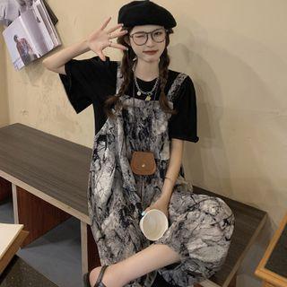 Elbow-sleeve Plain T-shirt / Tie Dye Cropped Jumper Pants