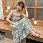Sleeveless Ruffled Floral Printed Layered Dress Green - One Size