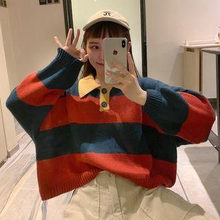 Striped Collared Sweater Red - One Size