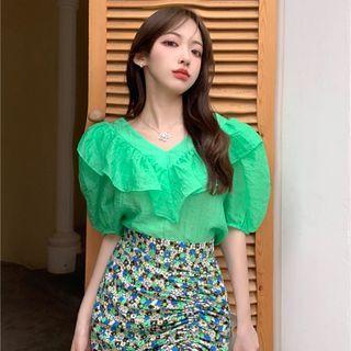 V-neck Plain Ruffle Pleated Blouse / High-waist Floral Pleated Mini Skirt