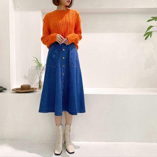 Button-up Denim Flare Skirt Blue - One Size