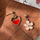 Non-matching Alloy Flower & Heart Dangle Earring 1 Pair - 925 Silver - One Size