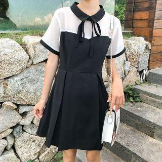 Short-sleeve Mock Two Piece Color-block Dress
