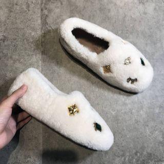 Faux Pearl Studded Fluffy Flats
