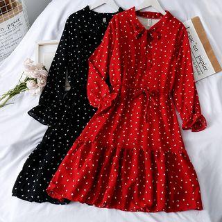 Ribbon-neckline Heart-print A-line Dress With Sash