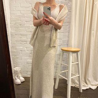 Long-sleeve Plain Knit Shrug Top + Plain Skinny Split Dress