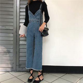 Frayed Hem Cropped Wide-leg Denim Jumper Pants