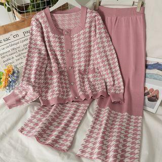Set: Houndstooth Square-neck Cardigan + Wide-leg Pants