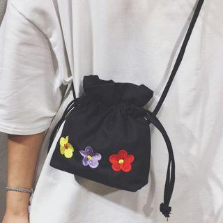 Flower Embroidered Drawstring Crossbody Bag