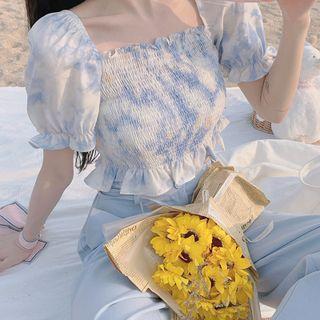 Puff-sleeve Tie-dyed Crinkle Blouse