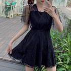 Short-sleeve Mesh Paneled A-line Mini Lace Dress