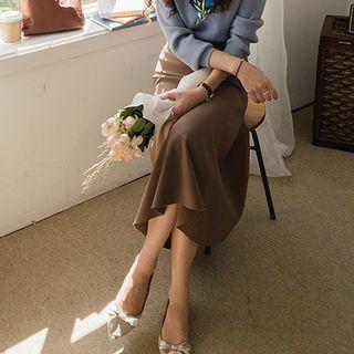 Seam-trim Flared Long Skirt Brown - One Size