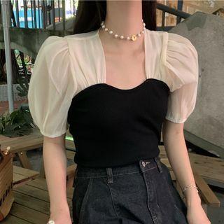 Puff-sleeve Mesh Panel Knit Top Black - One Size