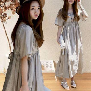 Elbow-sleeve Tie-waist Linen Dress