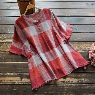Elbow-sleeve Checker Placket Top